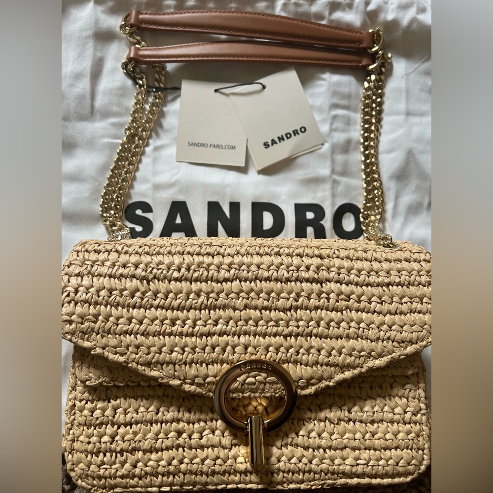 Sandro YZA Paille Wicker Raffia Straw Bag Purse Shoulder Crossbody Gold NWT